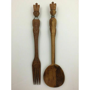 Hand Carved Wood Salad Serving Fork Spoon Set African Female Male Figurine 15"